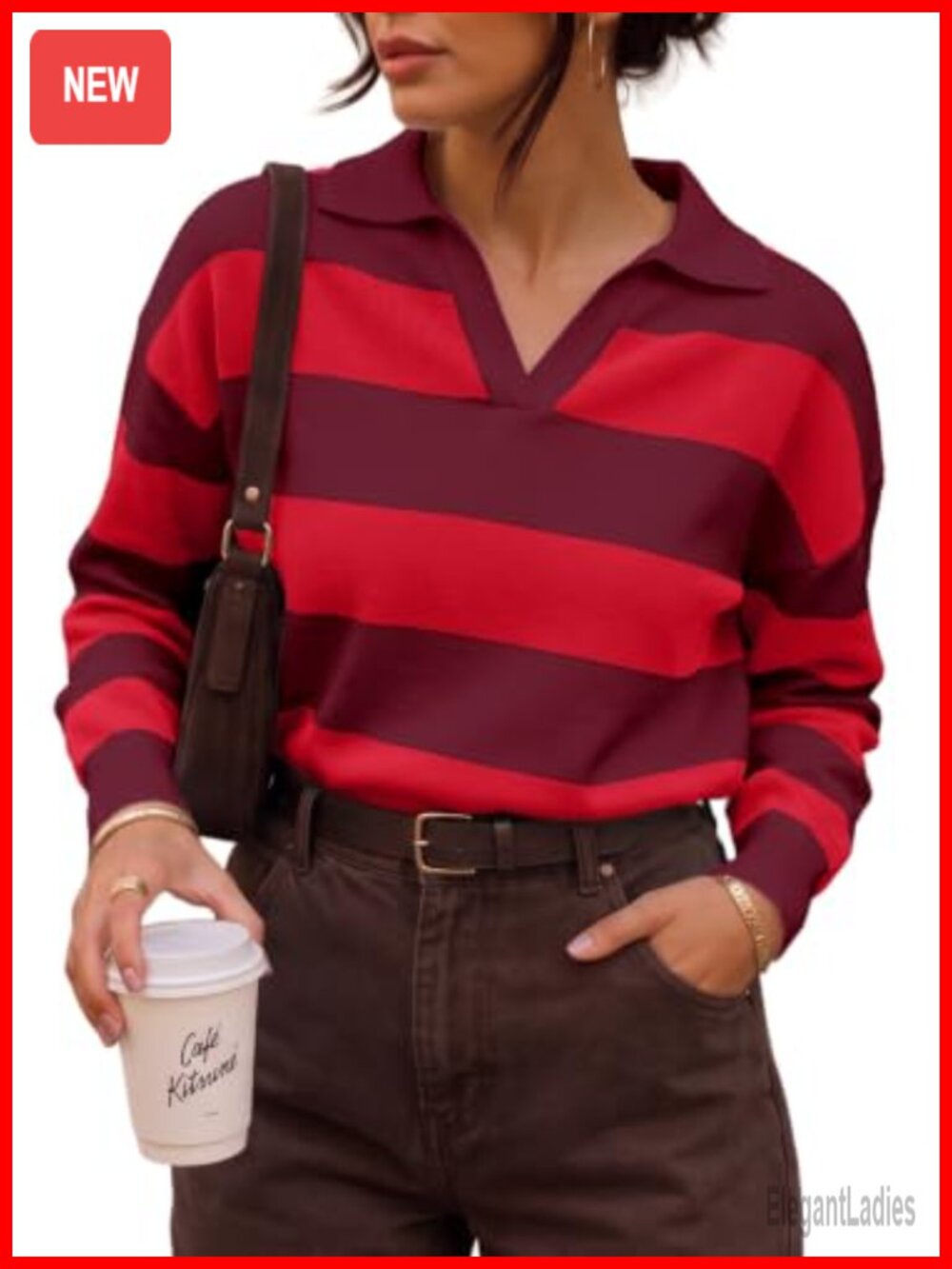 Oversized Striped Polo Sweater Knit Pullover Long Sleeve Collared